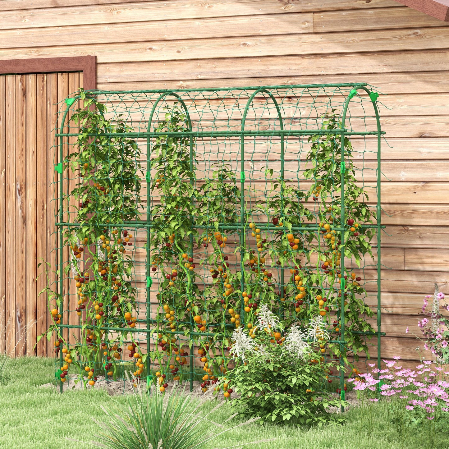 Outsunny Arched Garden Trellis w/ Climbing Net Metal Cucumber Plant Trellis A-Frame for Climbing Plants 57" x 66" x 81"