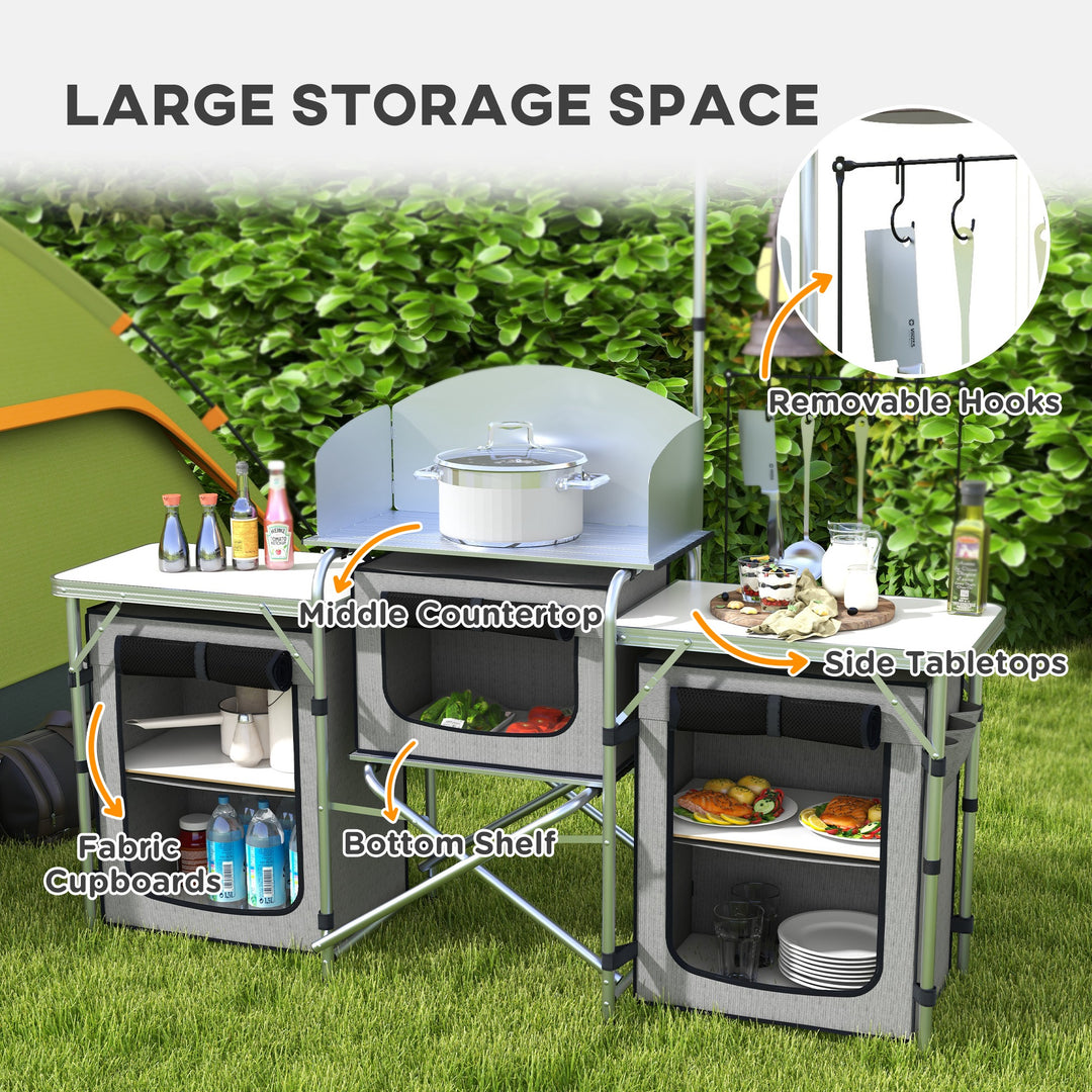 Outsunny Aluminum Camping Kitchen, Portable Folding Camping Table with Fabric Cupboards, Windshield, Bag for BBQ, Picnic, Grey