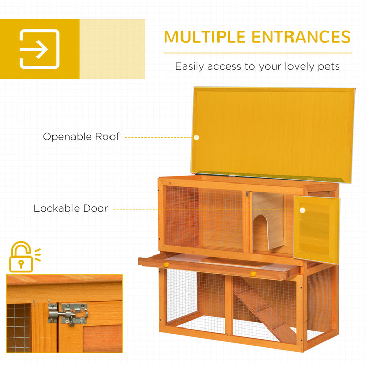 PawHut Wooden Rabbit Hutch, Indoor Outdoor Bunny Cage with Run, 2- Level Guinea Pig House with Slide-Out Tray, Waterproof Roof, Yellow