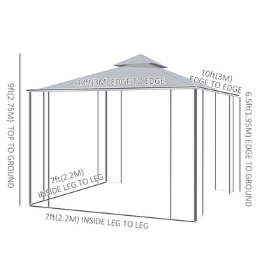 Outsunny 10' x 10' Steel Outdoor Patio Gazebo Canopy with Removable Mesh Curtains, Display Shelves, & Steel Frame, Grey