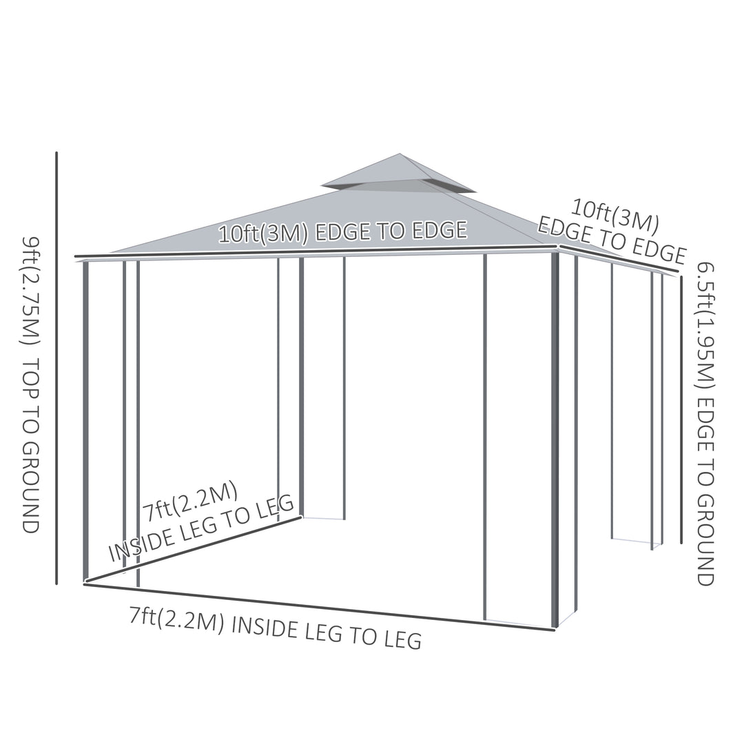 Outsunny 10' x 10' Steel Outdoor Patio Gazebo Canopy with Removable Mesh Curtains, Display Shelves, & Steel Frame, Grey