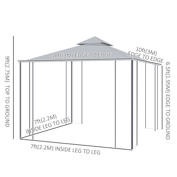 Outsunny 10' x 10' Steel Outdoor Patio Gazebo Canopy with Removable Mesh Curtains, Display Shelves, & Steel Frame, Grey
