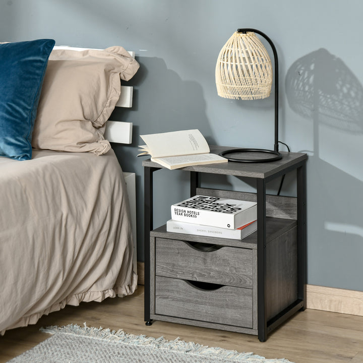 HOMCOM Nightstand with 2 Drawers, Industrial Side Table with Storage Shelf, Accent End Table for Bedroom, Living Room, Grey