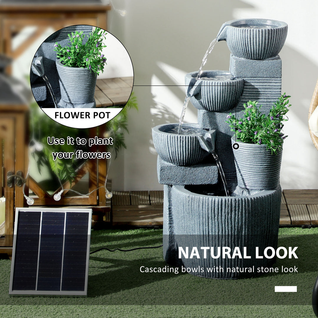 Outsunny Solar Powered Outdoor Water Fountain, 4-Tier Floor Standing Resin Cascading Bowls Waterfall Fountain with LED Lights