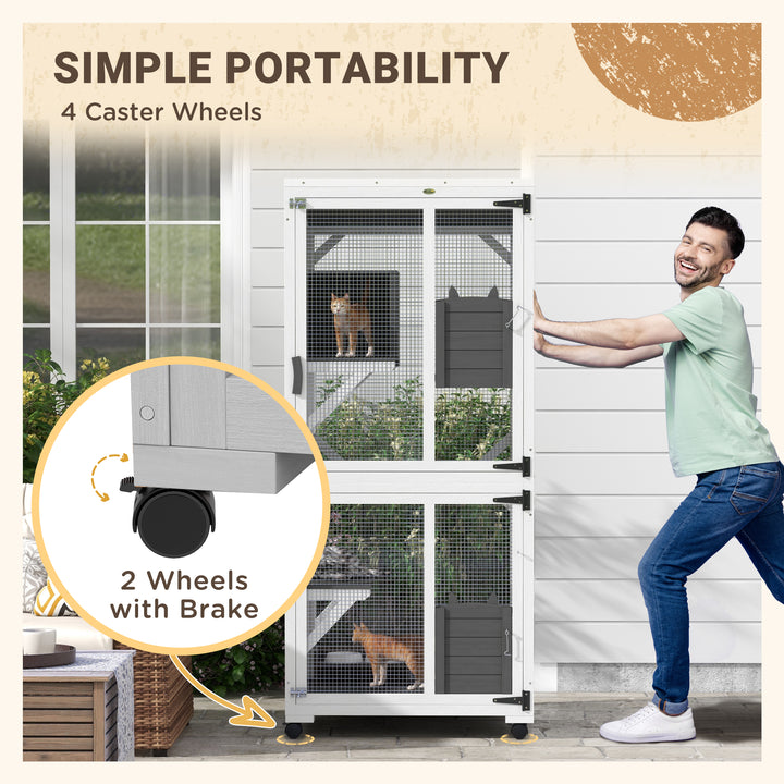 PawHut Catio Outdoor, Elevated Design, with Wheels, Resting Box, Water-Resistant, Multi Platforms, White & Grey