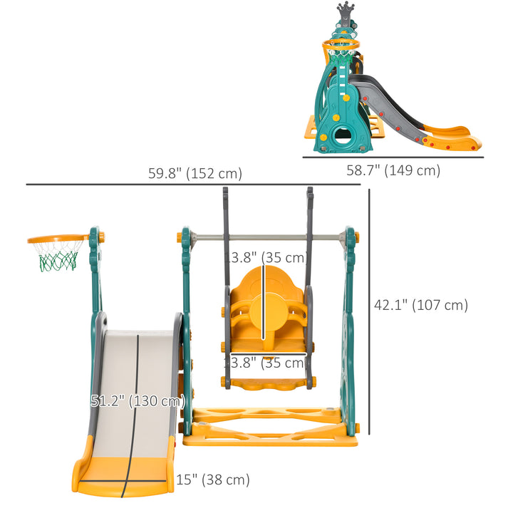 Qaba 4-in-1 Kids Slide and Swing Set with Basketball Hoop and Adjustable Seat Height, Toddler Play Climber Slide Playset for Indoor and Outdoor Playground Activity Center