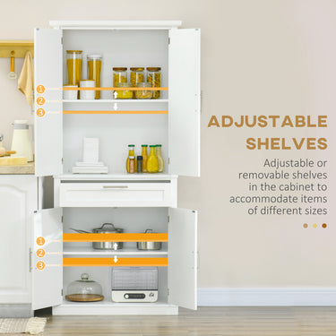 HOMCOM 72" Kitchen Pantry Cabinet, Freestanding Storage Cabinet, 4-Door Cabinet with Drawer and Adjustable Shelves, White