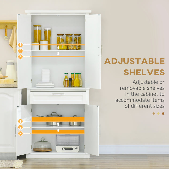 HOMCOM 72" Kitchen Pantry Cabinet, Freestanding Storage Cabinet, 4-Door Cabinet with Drawer and Adjustable Shelves, White