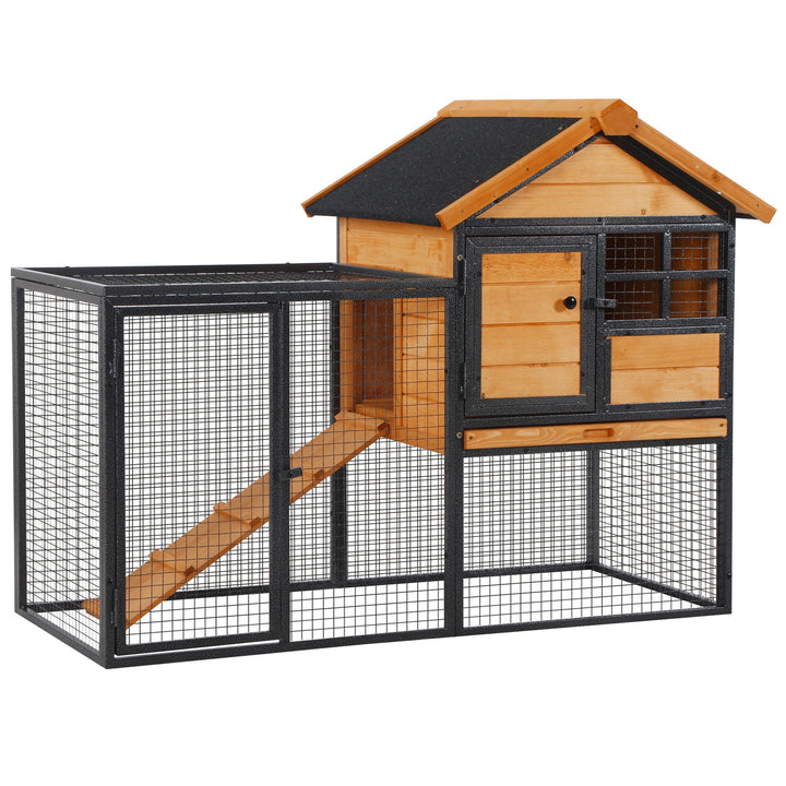 PawHut Wood-Metal Large Rabbit Hutch Bunny Cage Pet House Small Animal Habitat with Slide-Out Tray, Lockable Door, Water-Resistant Asphalt Roof, Outdoor Indoor Use, 48"x25"x36"
