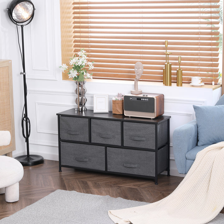 HOMCOM Linen Drawer Cabinet Organizer Storage Dresser Tower with 5 Removable Drawer Metal Frame Adjustable Feet for Living Room, Kitchen, Bathroom, Dark Grey