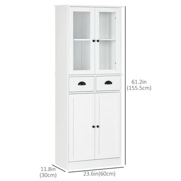 HOMCOM 61" Kitchen Pantry Cabinet, Freestanding Farmhouse Buffet Storage Cabinet with Soft Close Glass Doors and Adjustable Shelves, White