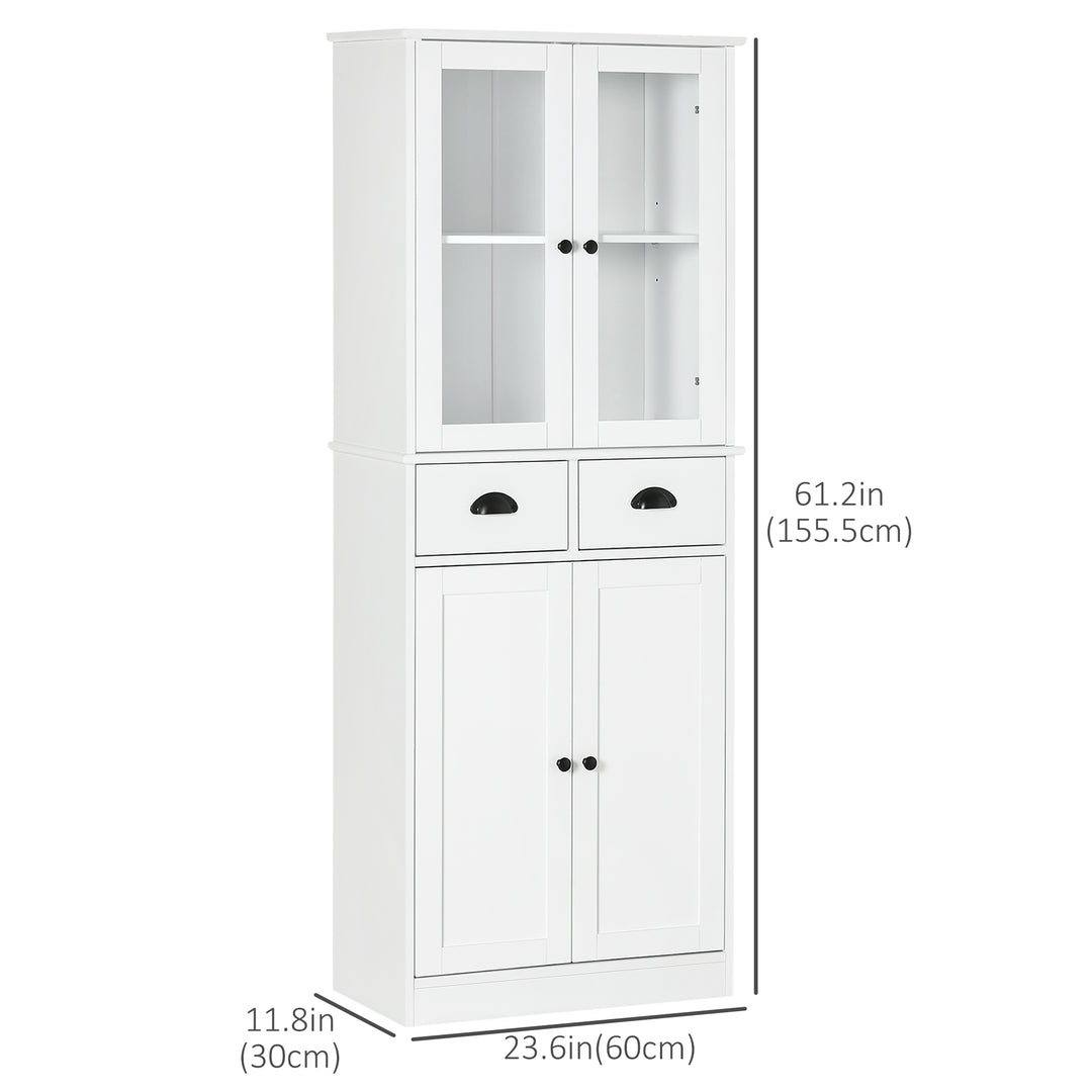 HOMCOM 61" Kitchen Pantry Cabinet, Freestanding Farmhouse Buffet Storage Cabinet with Soft Close Glass Doors and Adjustable Shelves, White