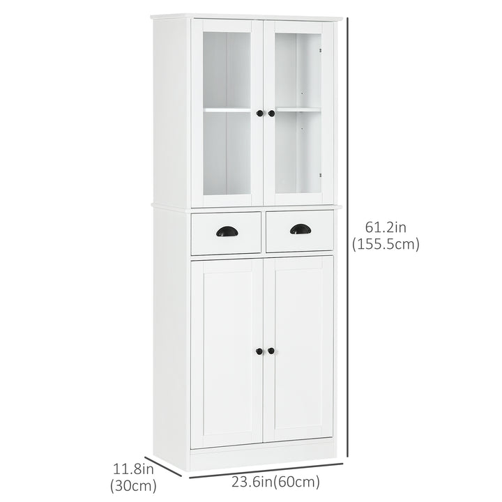 HOMCOM 61" Kitchen Pantry Cabinet, Freestanding Farmhouse Buffet Storage Cabinet with Soft Close Glass Doors and Adjustable Shelves, White