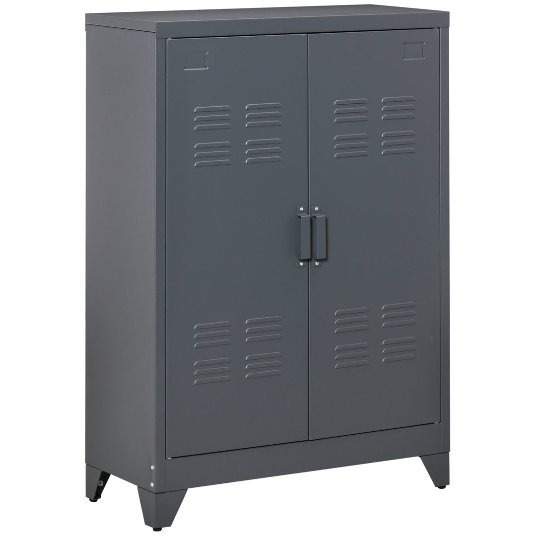 HOMCOM Metal Storage Cabinet, Industrial Sideboard Buffet Cabinet with 2 Louvered Doors, Adjustable Shelves, Grey