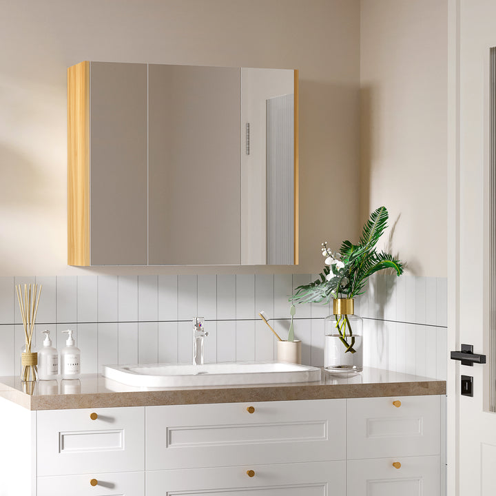 kleankin Wall Mounted Medicine Cabinet with Mirror Wall Mirror Cabinet with 3 Doors and Adjustable Storage Shelves Gray