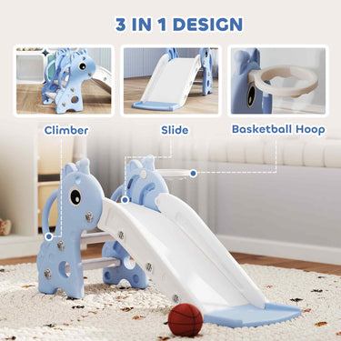 Qaba 3 in 1 Toddler Slide for Age 1-3, Kids Slide with Climber, Basketball Hoop and Ball, Giraffe Design, Blue