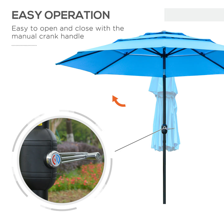 Outsunny 9FT 3 Tiers Patio Umbrella Outdoor Market Umbrella with Crank, Push Button Tilt for Deck, Backyard and Lawn, Sky Blue