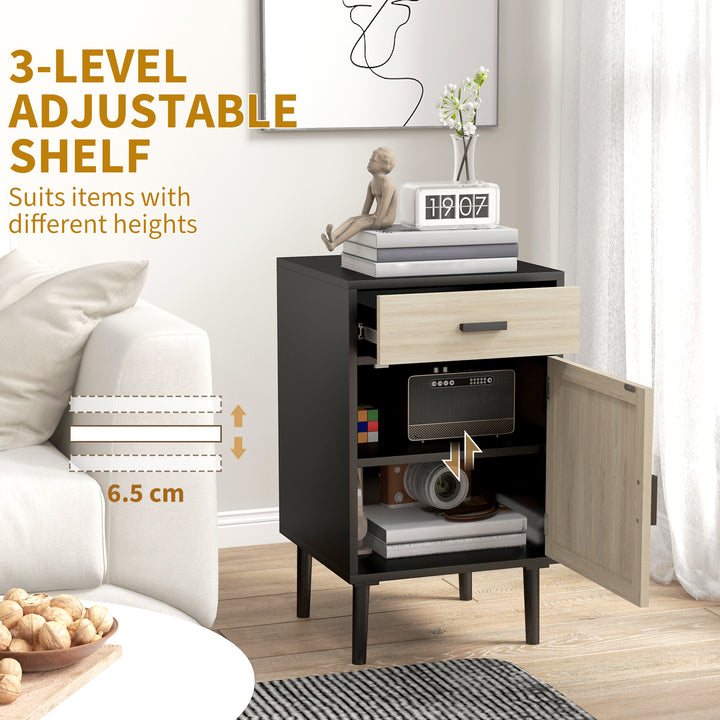 HOMCOM Boho Bedside Tables Set of 2, Nightstands with Drawer, Rattan Cabinet, Adjustable Shelf for Bedroom, Living Room, Black