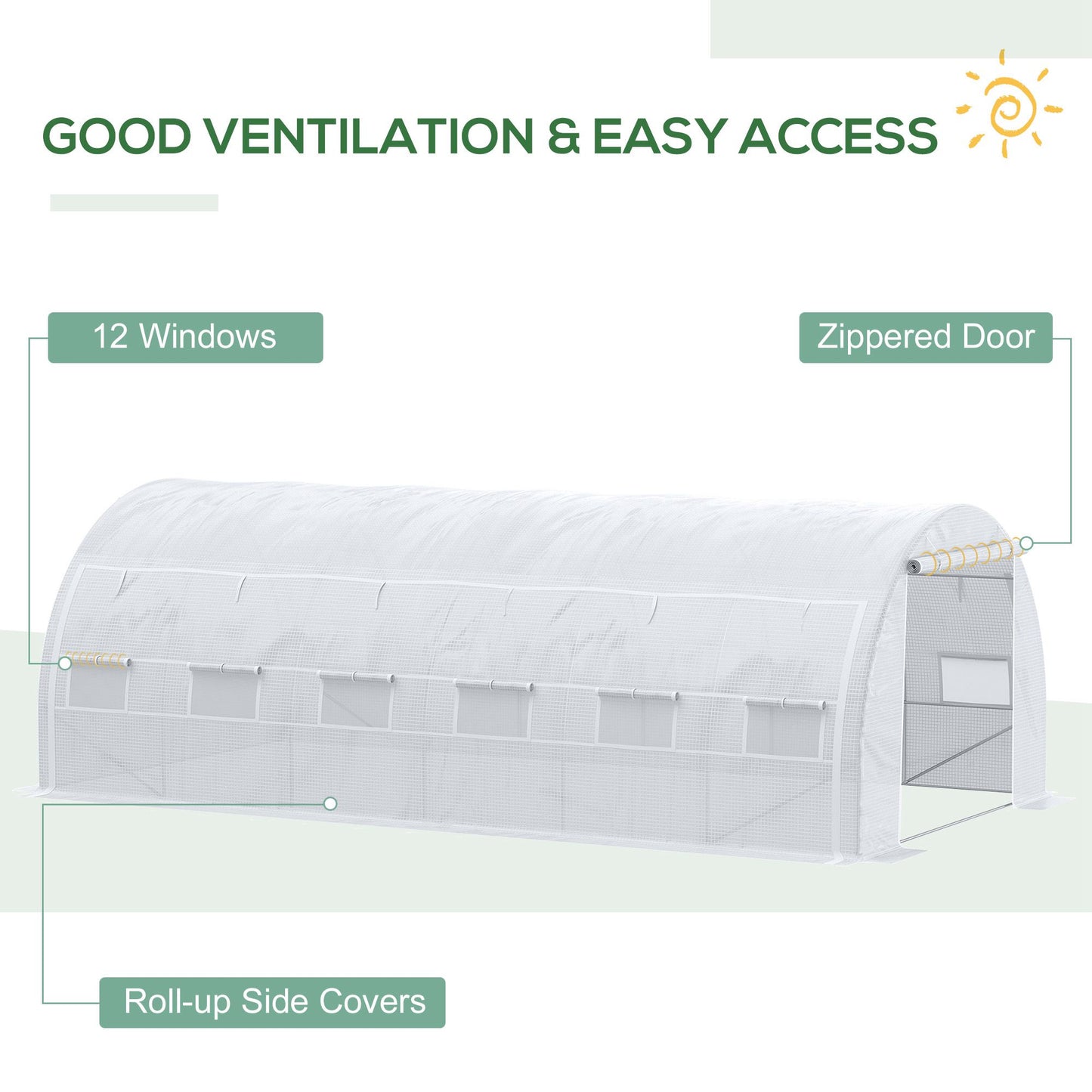 Outsunny Large Walk-in Greenhouse, 20'x10'x6.6' Tunnel Greenhouse with Zippered Door and 12 Roll-up Windows, Outdoor Green House for Garden Plant, White