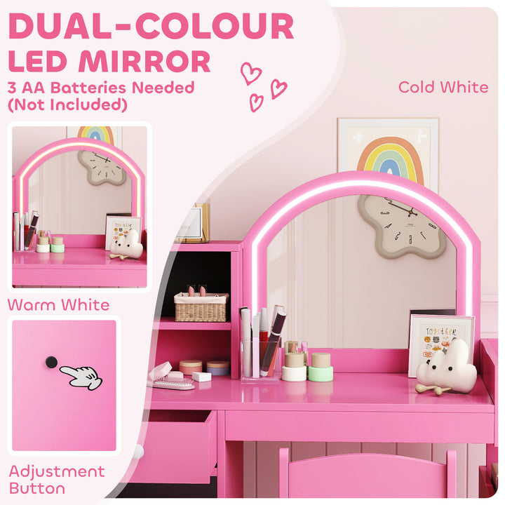 Qaba Kids Vanity Set, Toddler Dressing Table and Chair Set  with Lighted Mirror, Cabinet, Drawer and Shelves, White