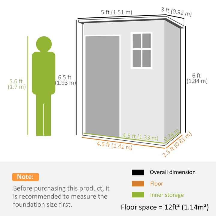 Outsunny 5 x 3FT Garden Shed with Floor, Outdoor Storage Shed with Lockable Door, Window and Vent for Backyard, Patio, Grey