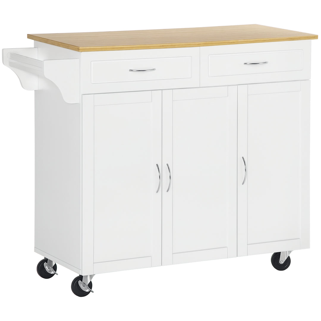 HOMCOM Kitchen Cart with Storage, Rolling Kitchen Island on Wheels with Bamboo Countertop, Drawers, Cabinets, 3 Doors, White