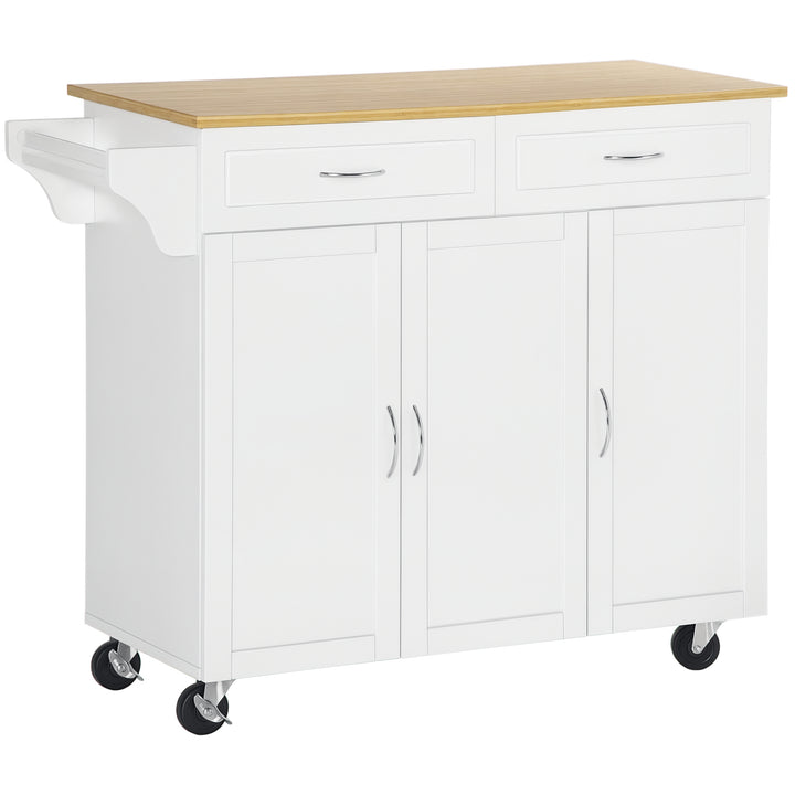 HOMCOM Kitchen Cart with Storage, Rolling Kitchen Island on Wheels with Bamboo Countertop, Drawers, Cabinets, 3 Doors, White