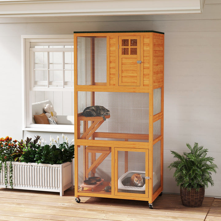 PawHut 74" Wooden Outdoor Cat House Weatherproof & Wheeled with High Weight Capacity, Kitten Cage Condo, White