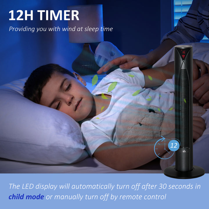 HOMCOM Freestanding Tower Fan Cooling for Home Bedroom with 3 Speed, 12h Timer, Oscillating, LED Sensor Panel, Remote Controller, White