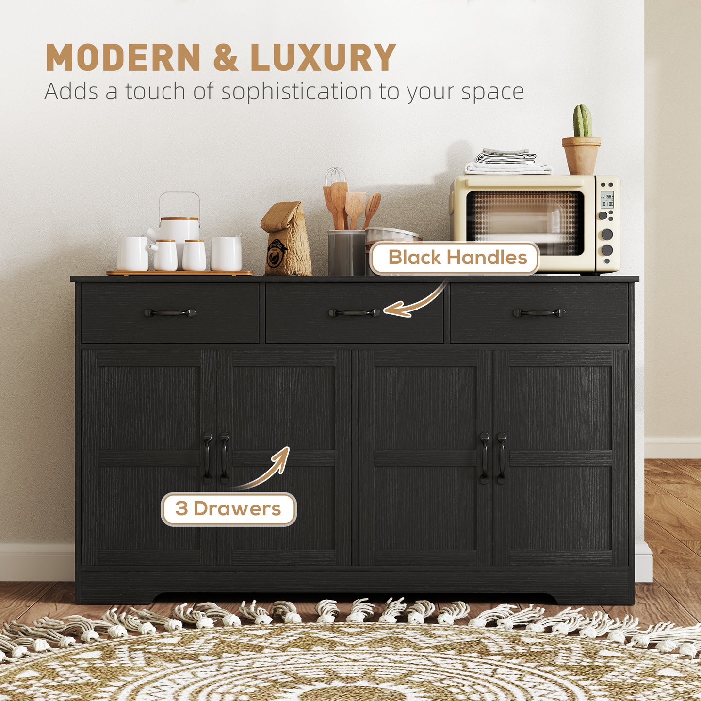 HOMCOM Sideboard Buffet Cabinet with Storage, Modern Coffee Bar Cabinet with 3 Drawers and Adjustable Shelves, Distressed White
