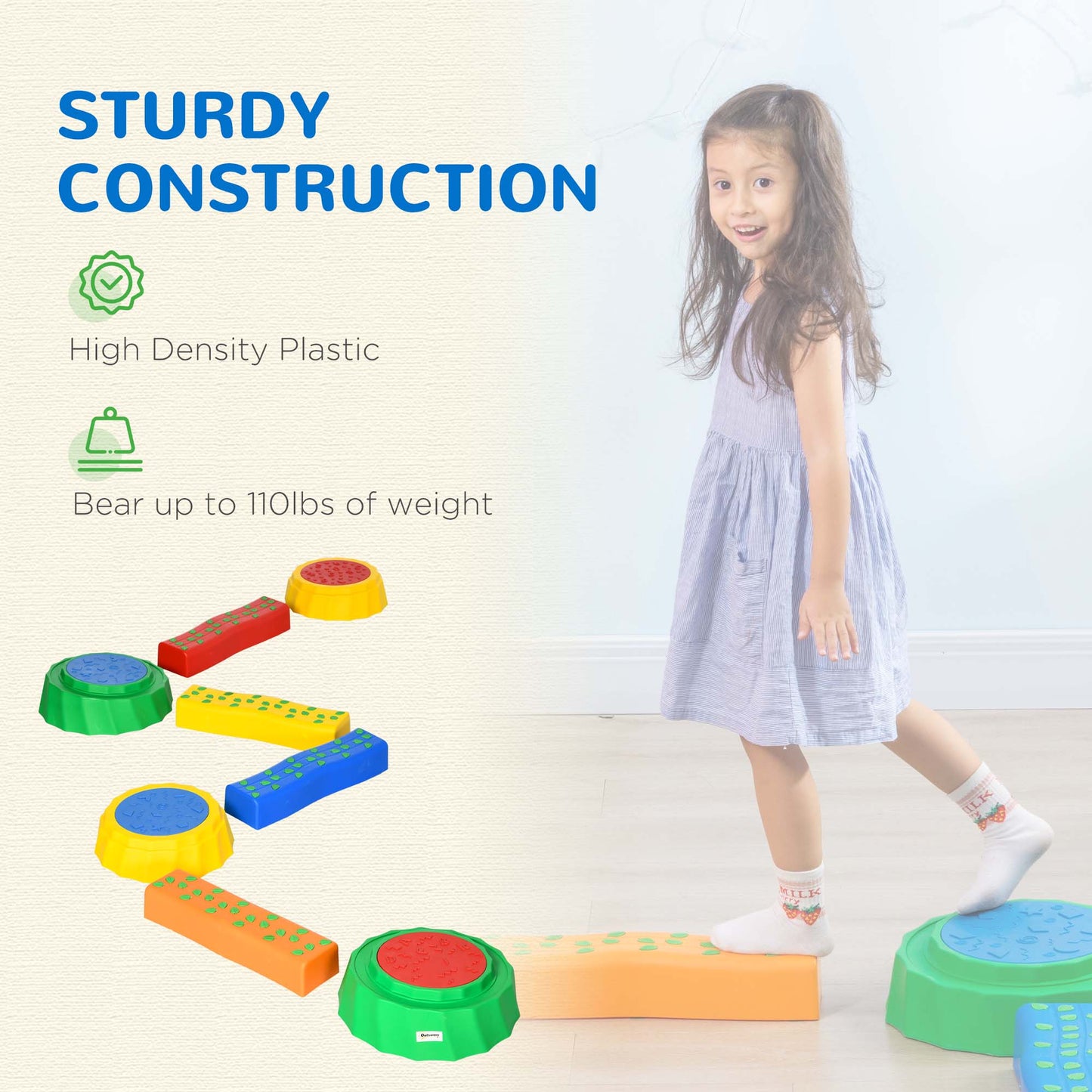 Outsunny 8pcs Balance Beam for Kids, 4 Sensory Pads and 4 Beams with Non-slip Surface & Bottom, Stackable Stepping Stones Kids for Boys Girls 3-6 Years, Multicoloured