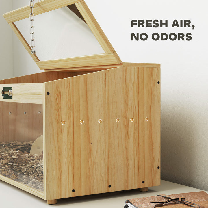 PawHut 22"L Hamster Cage with Openable Top & Acrylic Windows, Small Animal Cage with Hut, Seesaw, Ladder, Natural Wood