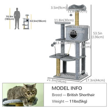PawHut 54" Cat Tree for Larger Cats Adult with Hammock, Tal Cat Tree Tower with Scratching Post, Condo, Platforms, Play Balls for Indoor Cats, Grey
