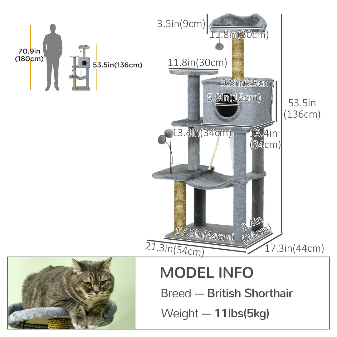 PawHut 54" Cat Tree for Larger Cats Adult with Hammock, Tal Cat Tree Tower with Scratching Post, Condo, Platforms, Play Balls for Indoor Cats, Grey