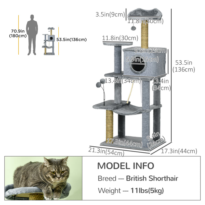 PawHut 54" Cat Tree for Larger Cats Adult with Hammock, Tal Cat Tree Tower with Scratching Post, Condo, Platforms, Play Balls for Indoor Cats, Grey