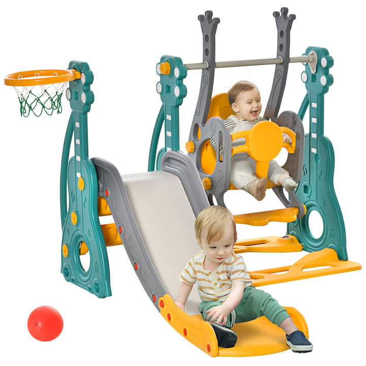 Qaba 4-in-1 Kids Slide and Swing Set with Basketball Hoop and Adjustable Seat Height, Toddler Play Climber Slide Playset for Indoor and Outdoor Playground Activity Center