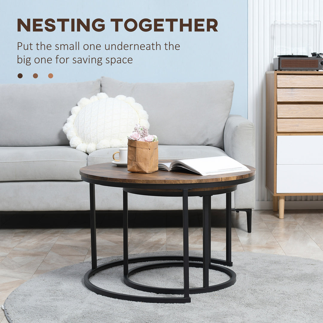 HOMCOM Nesting Coffee Tables Set of 2, Round Coffee Table with Metal Frame, Living Room Tables, Grey Wood Grain