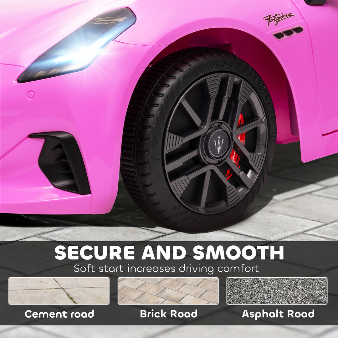 Qaba 12V Maserati Gran Turismo Licensed Kids Electric Car w/ Remote Control, Soft Start, LED Lights, Music, Horn, MP3, Pink