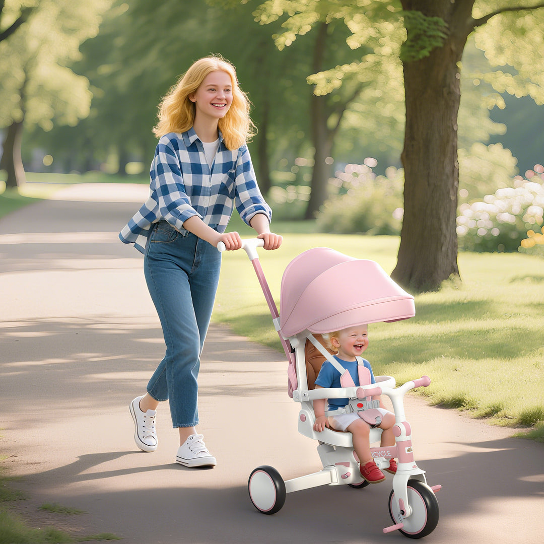Qaba 7 in 1 Toddler Tricycle with Safety Harness, Adjustable & Removable Parent Handle, Canopy, Storage Bag, Brake, Pink