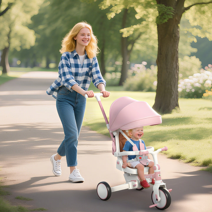 Qaba 7 in 1 Toddler Tricycle with Safety Harness, Adjustable & Removable Parent Handle, Canopy, Storage Bag, Brake, Pink