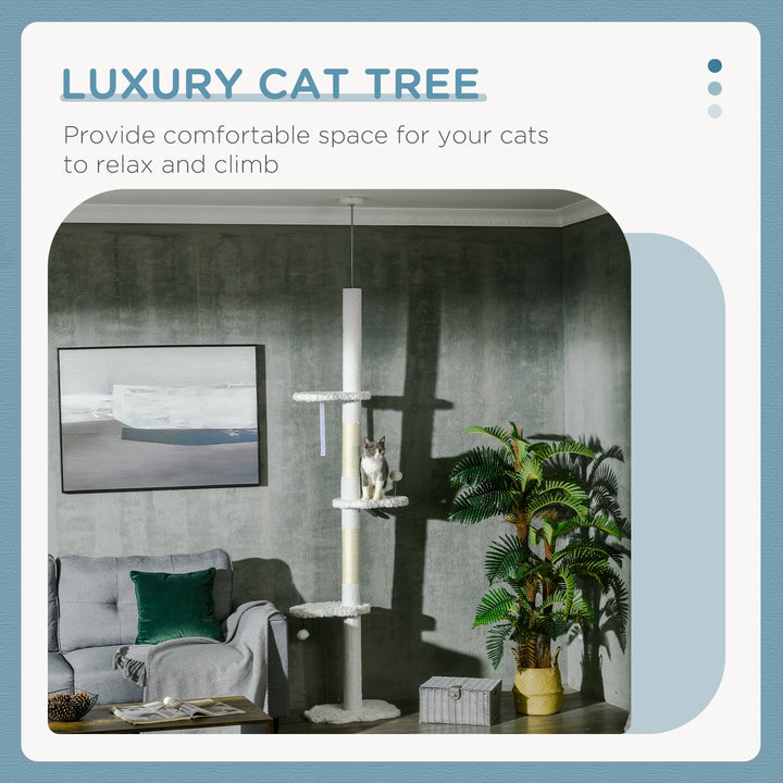 PawHut 88.5"-100.5" Floor to Ceiling Cat Tree, Cat Tower with Scratching Posts, Cloud Shaped Platforms, Dangling Balls, White
