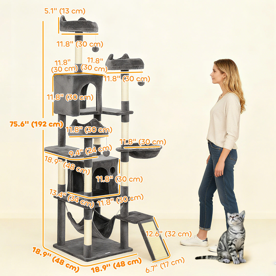 PawHut 76" Large Cat Tree for Indoor Cats with 8 Scratching Posts, 3 Plush Beds, 2 Hammocks, 2 Large Condos, Ramp, Dark Grey