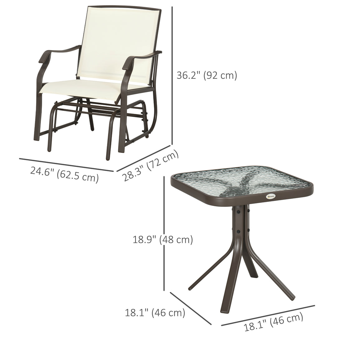 Outsunny 3 Piece Patio Glider Set Outdoor Gliders with Breathable Mesh Seat, Glass Top Table for Garden, Yard, Cream White