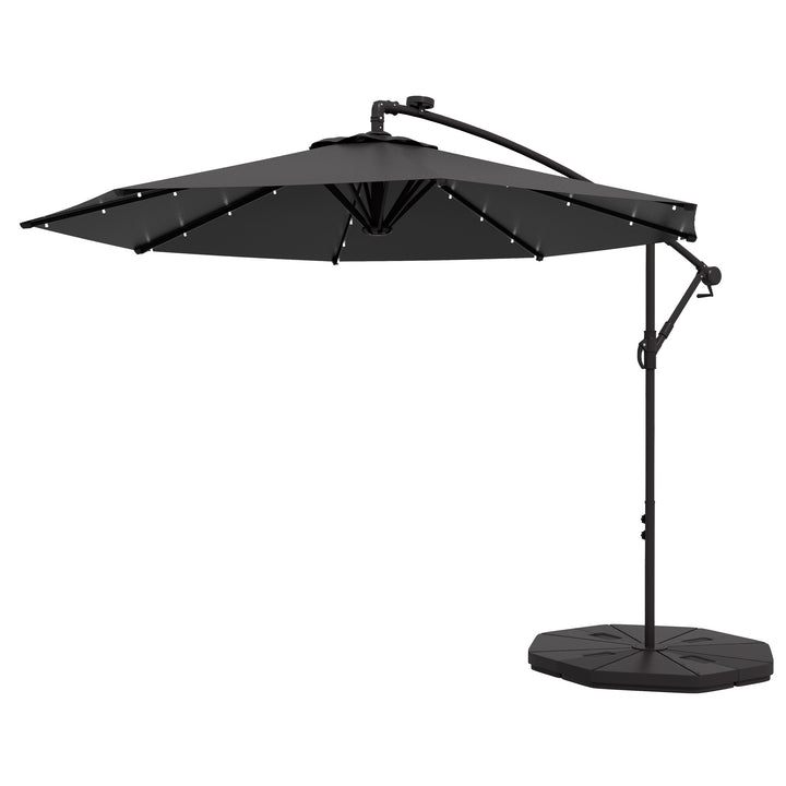 Outsunny 9.5' Offset Patio Umbrella Garden Parasol with Solar LED Lights and Weights, Dark Grey