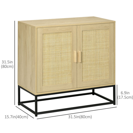 HOMCOM Wood Sideboard Accent Storage Cabinet with 2 Rattan Doors, Adjustable Shelf, and Steel Legs for Living Room Kitchen