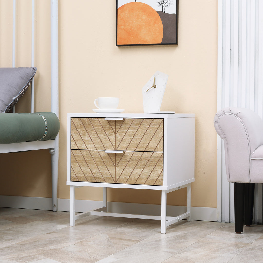HOMCOM Modern Bedside Table with 2 Drawers and Steel Frame, Sofa Side Table for Bedroom Living Room, White and Oak