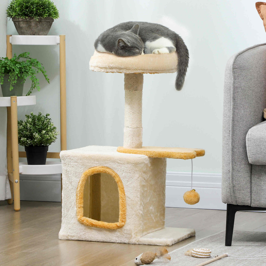 PawHut 28" Cat Tree Tower with Plush Top Bed, Cozy Condo, Sisal Scratching Post, Perch, Dangling Ball, Light Grey