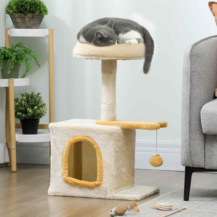 PawHut 28" Cat Tree Tower with Plush Top Bed, Cozy Condo, Sisal Scratching Post, Perch, Dangling Ball, Light Grey