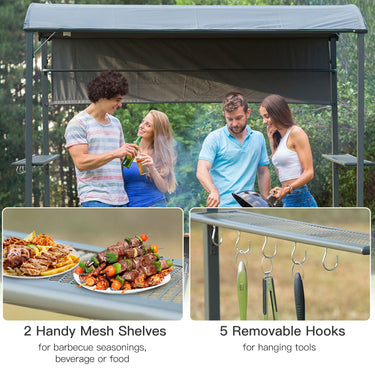 Outsunny 7x4.5ft Outdoor BBQ Gazebo Tent Metal Frame Garden Grill Canopy Sunshade Backyard Portable Shelter with Side Awning 2 Shelves and 5 Hooks Grey