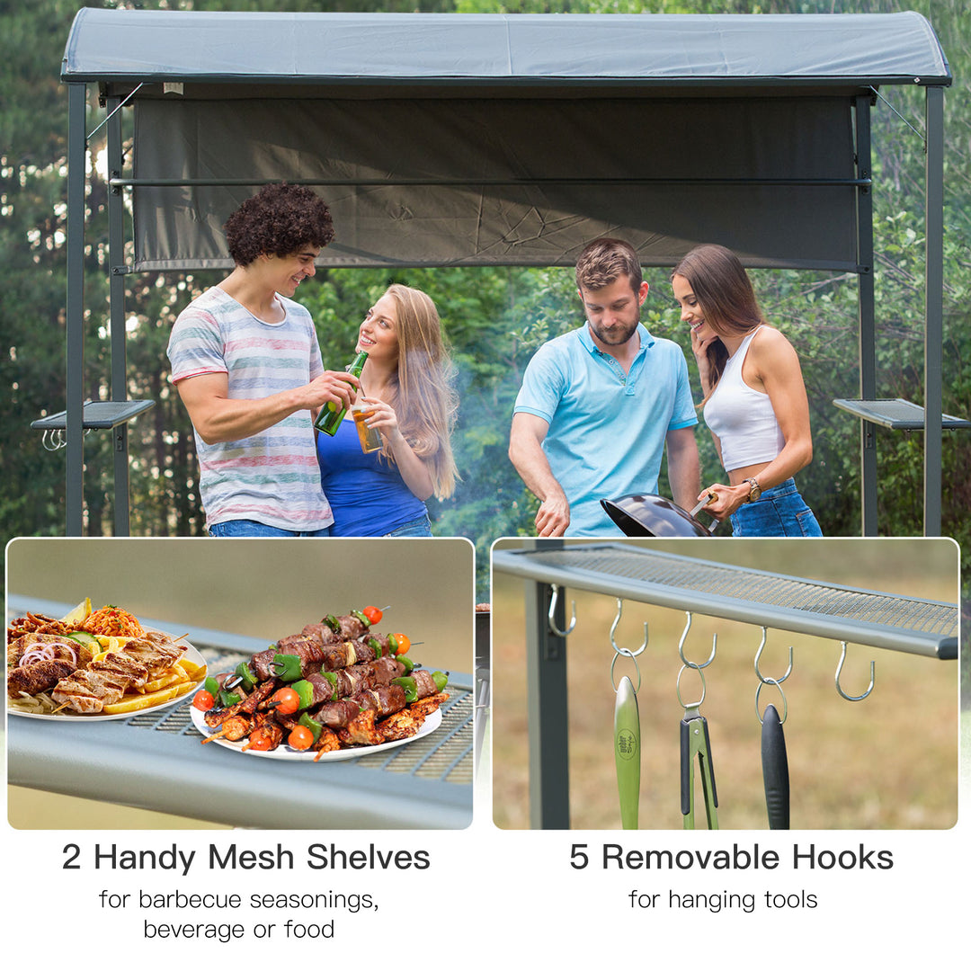 Outsunny 7x4.5ft Outdoor BBQ Gazebo Tent Metal Frame Garden Grill Canopy Sunshade Backyard Portable Shelter with Side Awning 2 Shelves and 5 Hooks Grey